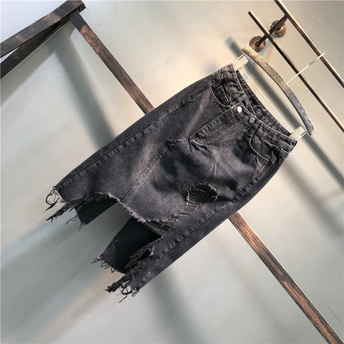 A-line Skirt Fringed Hole Bag Hip Skirt - ROUTINE FASHION